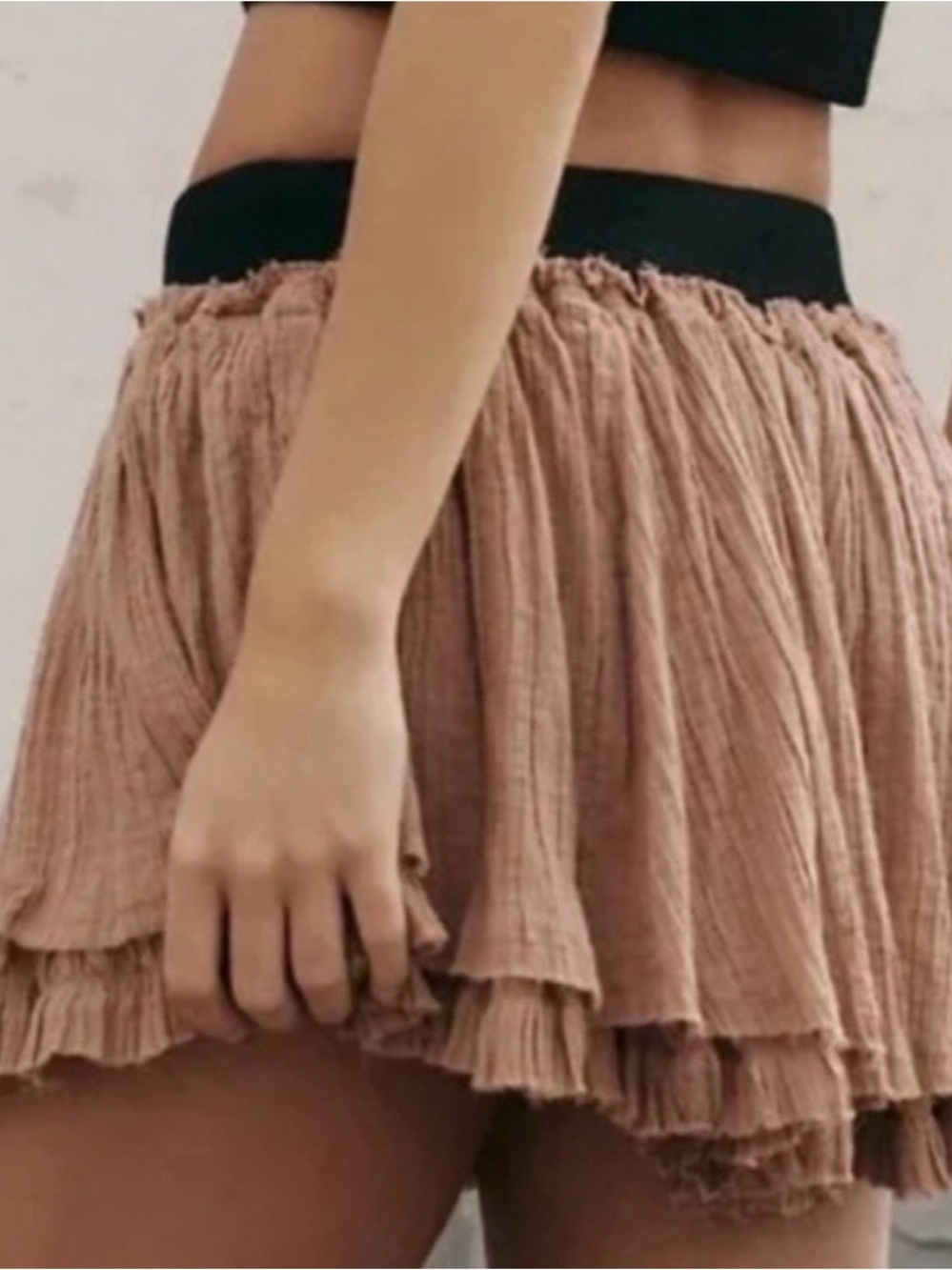 Free People Rust Brown Ruffle Mini Skirt with Black Waistband. NWT
